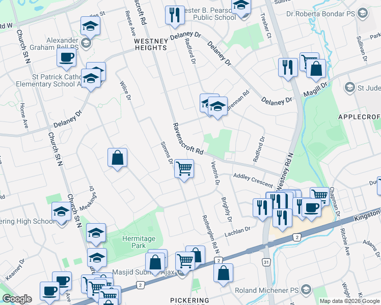 map of restaurants, bars, coffee shops, grocery stores, and more near 89 Ravenscroft Road in Ajax