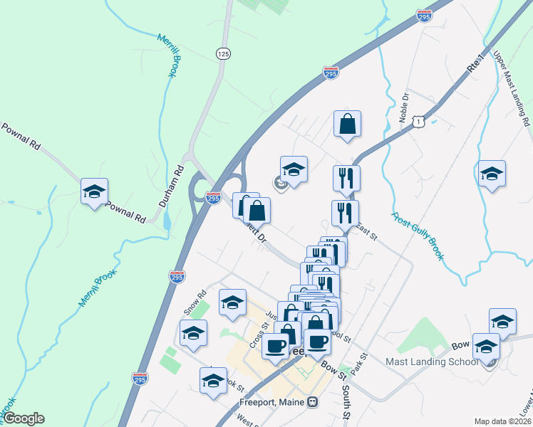 map of restaurants, bars, coffee shops, grocery stores, and more near 39 Maple Avenue in Freeport