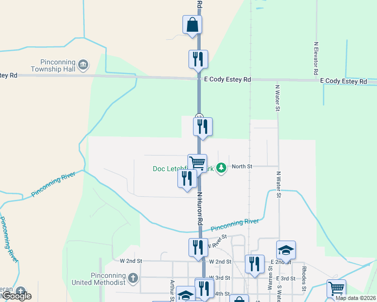 map of restaurants, bars, coffee shops, grocery stores, and more near 508 Glenview Court in Pinconning