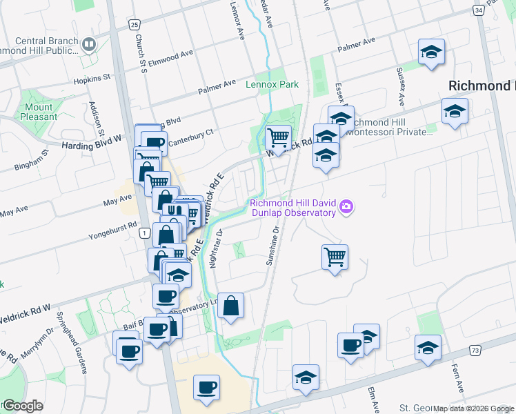 map of restaurants, bars, coffee shops, grocery stores, and more near 430 Church Street South in Richmond Hill