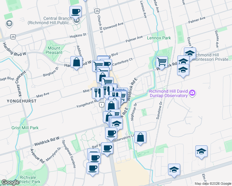 map of restaurants, bars, coffee shops, grocery stores, and more near 22 Clarissa Drive in Richmond Hill