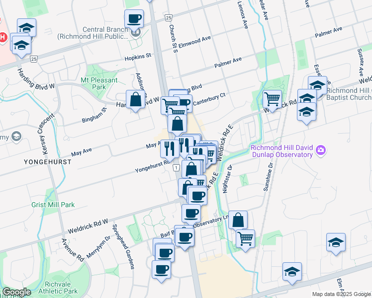 map of restaurants, bars, coffee shops, grocery stores, and more near 9651 Yonge Street in Richmond Hill