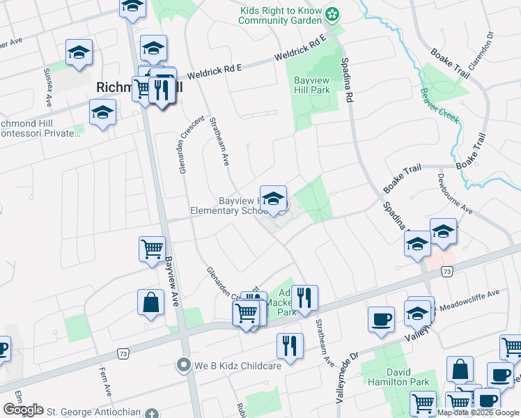 map of restaurants, bars, coffee shops, grocery stores, and more near 3 Glenayr Road in Richmond Hill