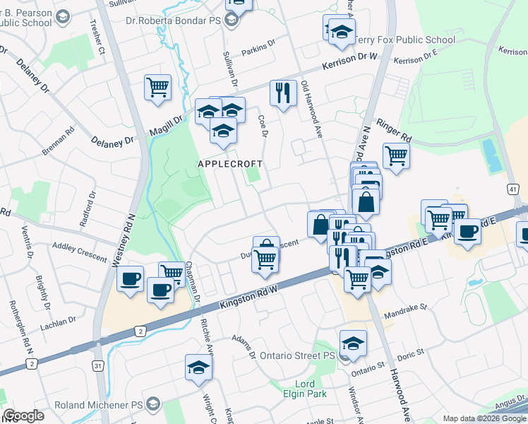 map of restaurants, bars, coffee shops, grocery stores, and more near Chapman Drive in Ajax