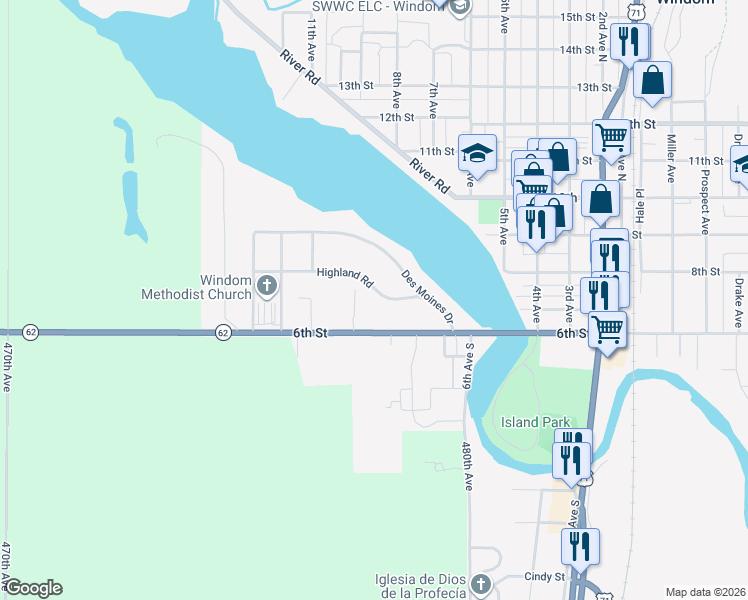 map of restaurants, bars, coffee shops, grocery stores, and more near 804 6th Street in Windom
