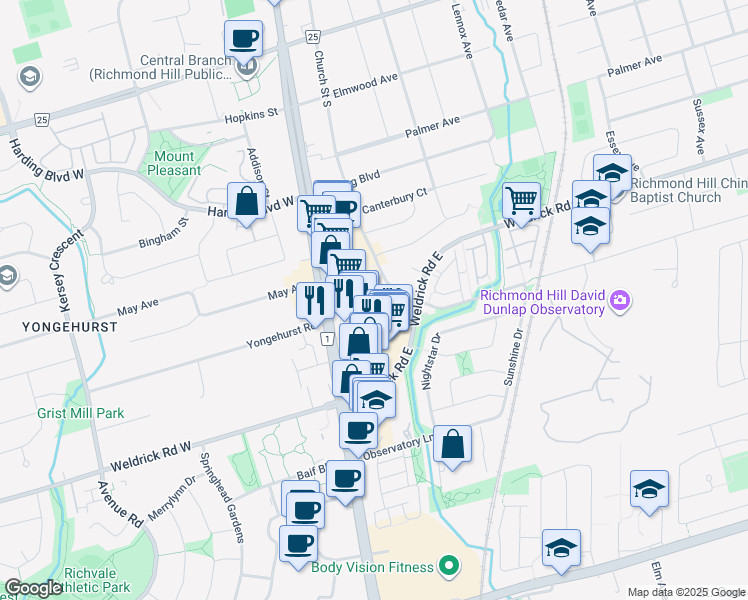 map of restaurants, bars, coffee shops, grocery stores, and more near in Richmond Hill