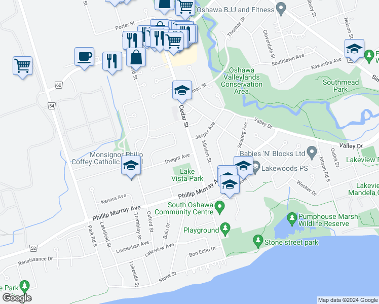 map of restaurants, bars, coffee shops, grocery stores, and more near 1298 Cedar Street in Oshawa