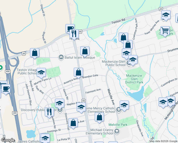 map of restaurants, bars, coffee shops, grocery stores, and more near 27 Pine Hollow Crescent in Vaughan