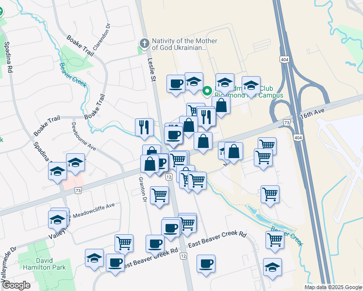 map of restaurants, bars, coffee shops, grocery stores, and more near 1550 16th Avenue in Richmond Hill