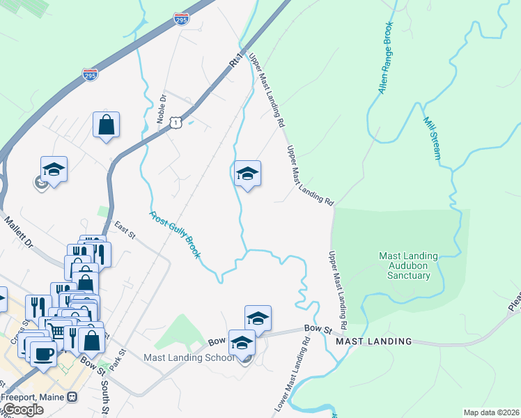 map of restaurants, bars, coffee shops, grocery stores, and more near 40 Upper Mast Landing Road in Freeport