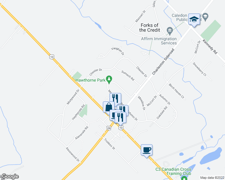 map of restaurants, bars, coffee shops, grocery stores, and more near 16 Maple Grove Road in Caledon Village