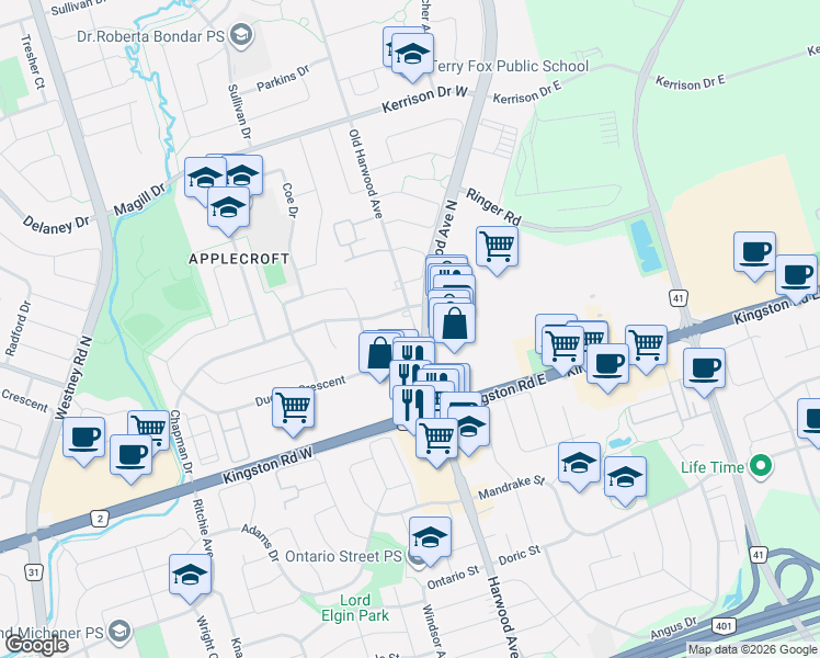 map of restaurants, bars, coffee shops, grocery stores, and more near 102 Old Harwood Avenue in Ajax