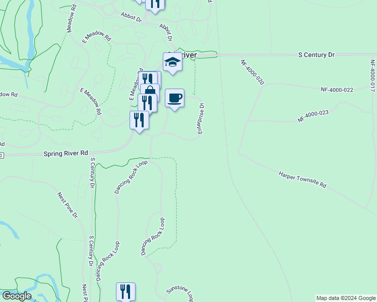 map of restaurants, bars, coffee shops, grocery stores, and more near 56854 Enterprise Drive in Sunriver