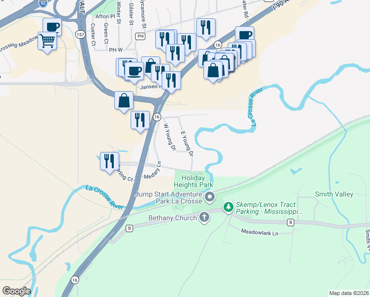 map of restaurants, bars, coffee shops, grocery stores, and more near 1566 West Young Drive in Onalaska
