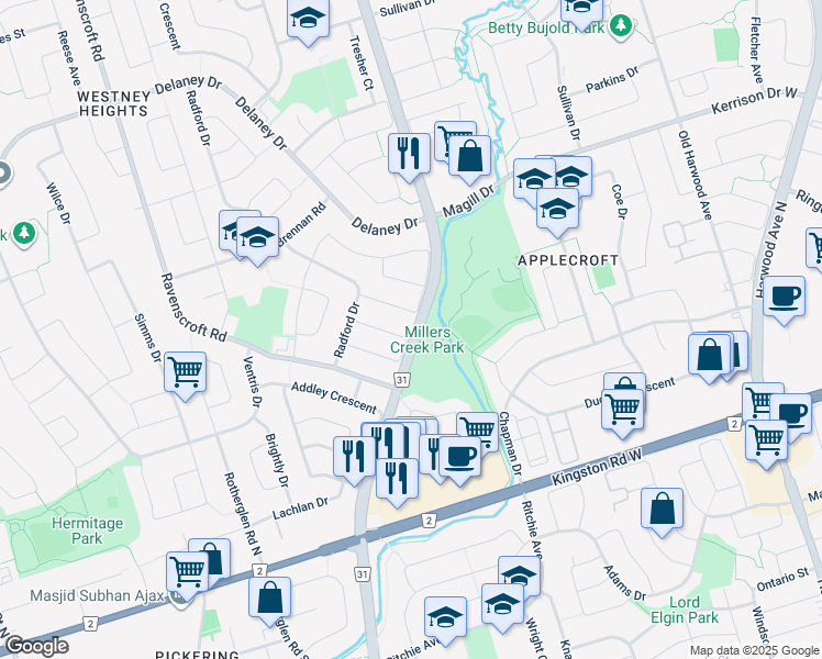 map of restaurants, bars, coffee shops, grocery stores, and more near 31 Carnelly Crescent in Ajax