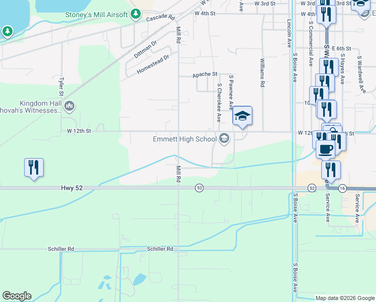 map of restaurants, bars, coffee shops, grocery stores, and more near 1446 Mill Road in Emmett