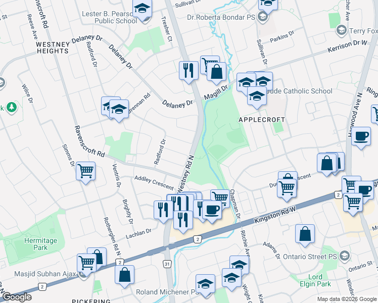 map of restaurants, bars, coffee shops, grocery stores, and more near 31 Carnelly Crescent in Ajax