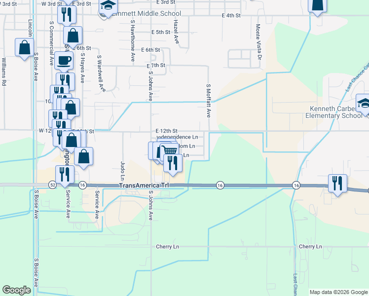 map of restaurants, bars, coffee shops, grocery stores, and more near 1460 Constitution Lane in Emmett