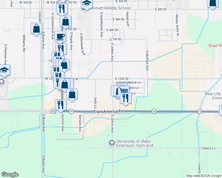map of restaurants, bars, coffee shops, grocery stores, and more near 1415 South Johns Avenue in Emmett