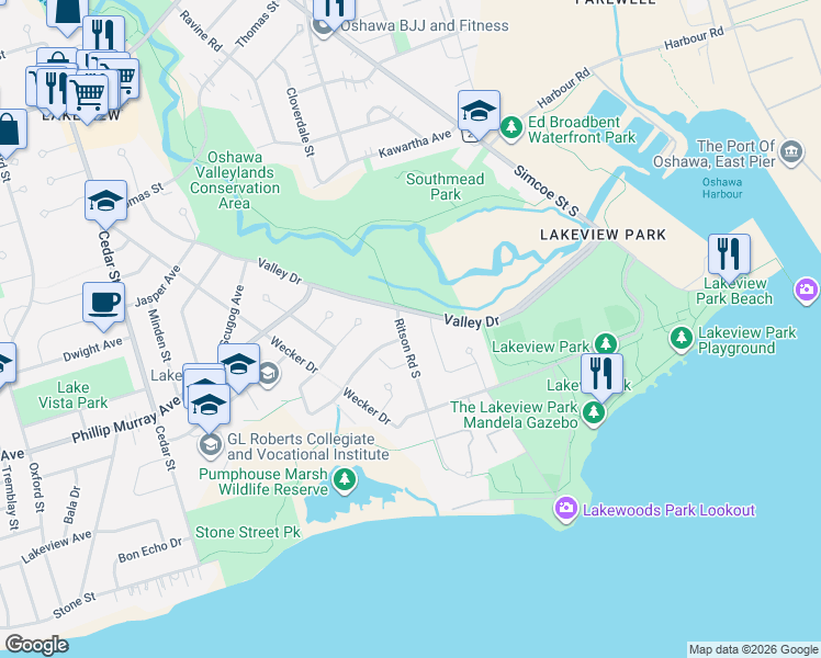 map of restaurants, bars, coffee shops, grocery stores, and more near 1387 Ritson Road South in Oshawa