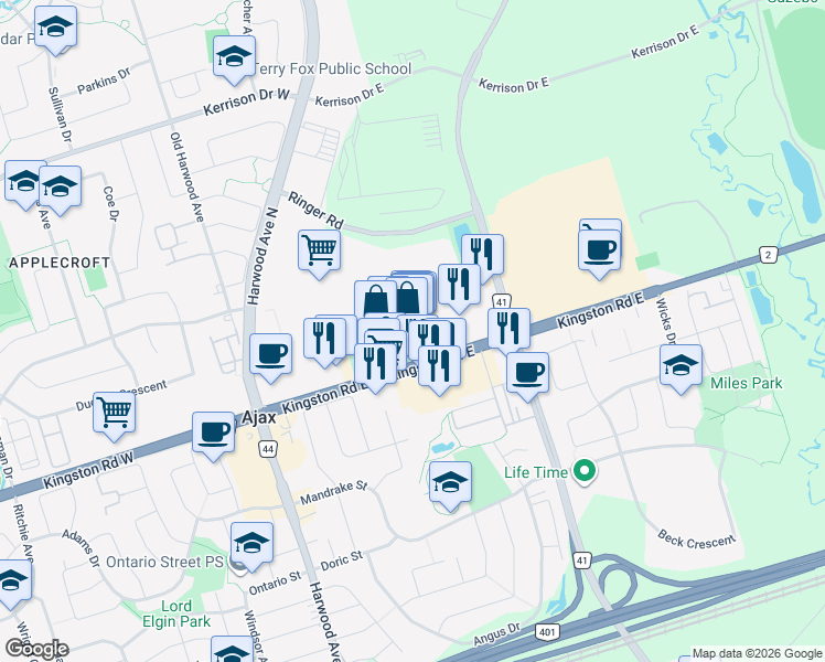 map of restaurants, bars, coffee shops, grocery stores, and more near 130 Kingston Road East in Ajax