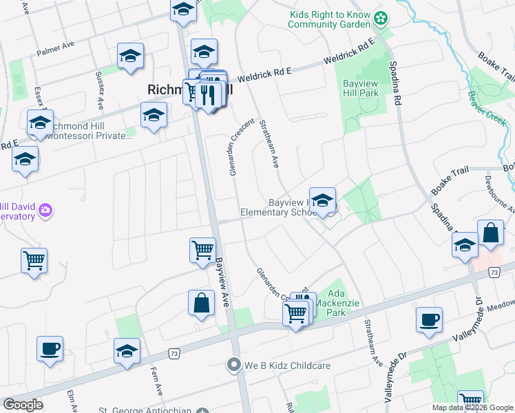 map of restaurants, bars, coffee shops, grocery stores, and more near 22 Ardwold Gate in Richmond Hill