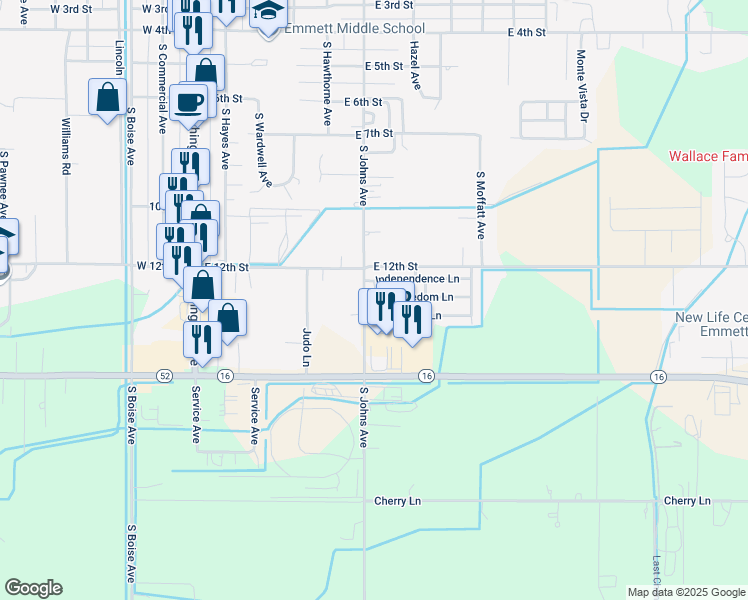 map of restaurants, bars, coffee shops, grocery stores, and more near 1415 South Johns Avenue in Emmett