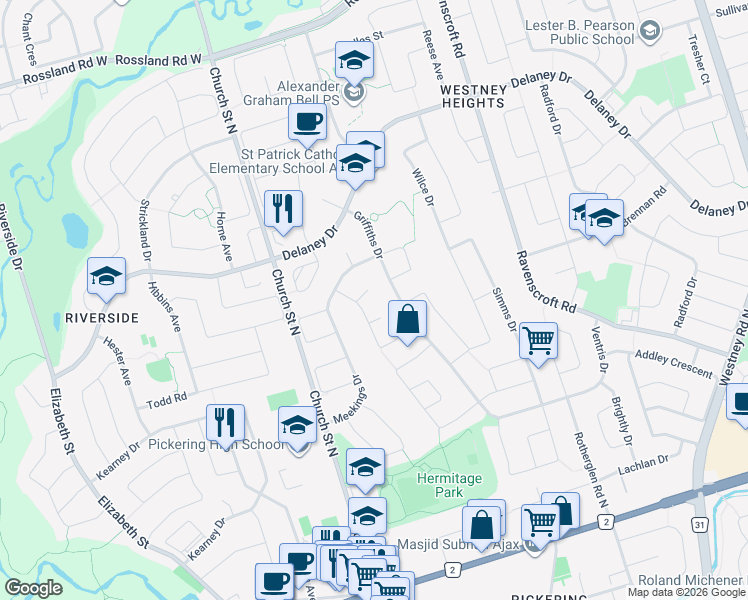 map of restaurants, bars, coffee shops, grocery stores, and more near 1 Hunter Drive in Ajax