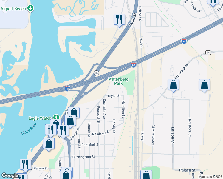 map of restaurants, bars, coffee shops, grocery stores, and more near 2844 Onalaska Avenue in La Crosse