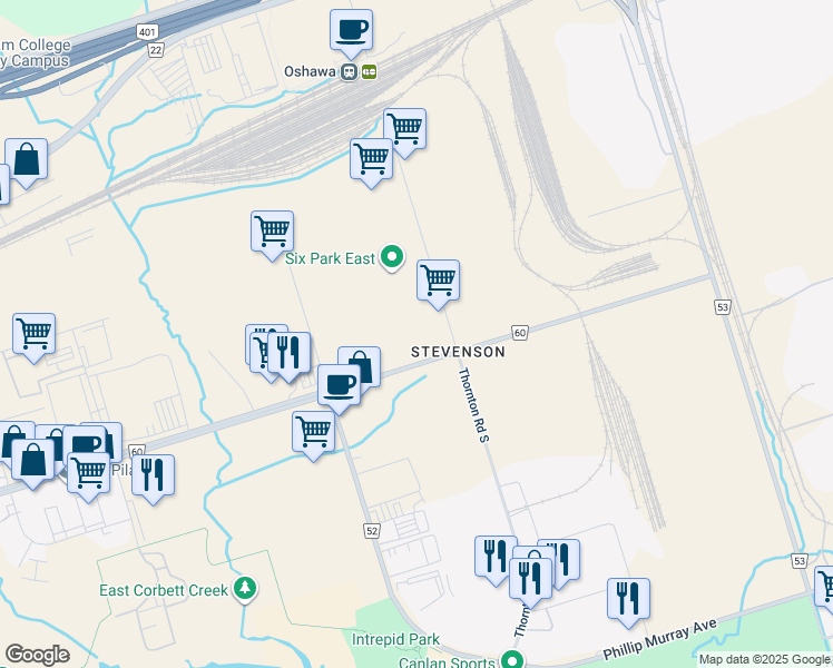 map of restaurants, bars, coffee shops, grocery stores, and more near 1010 Thornton Road South in Oshawa