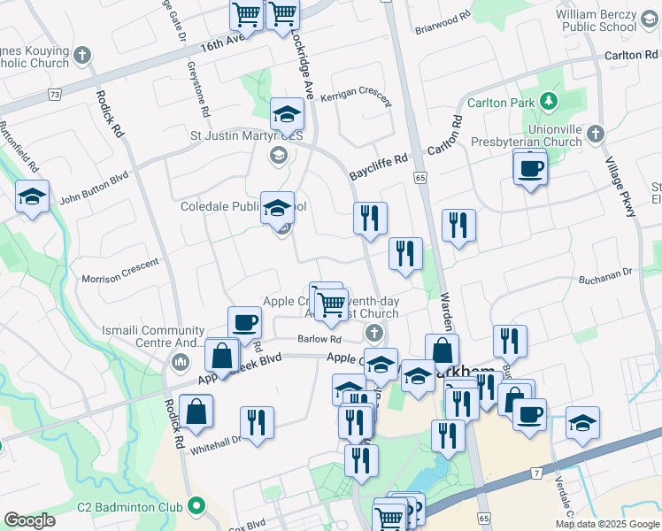 map of restaurants, bars, coffee shops, grocery stores, and more near 20 Coledale Road in Markham