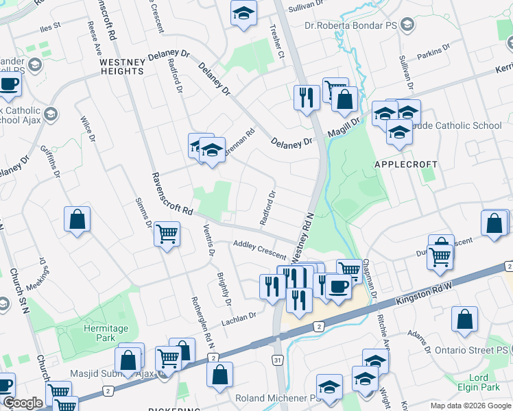 map of restaurants, bars, coffee shops, grocery stores, and more near 23 Stockbridge Crescent in Ajax
