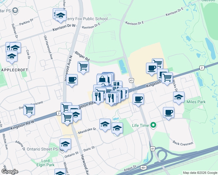 map of restaurants, bars, coffee shops, grocery stores, and more near 130 Kingston Road East in Ajax