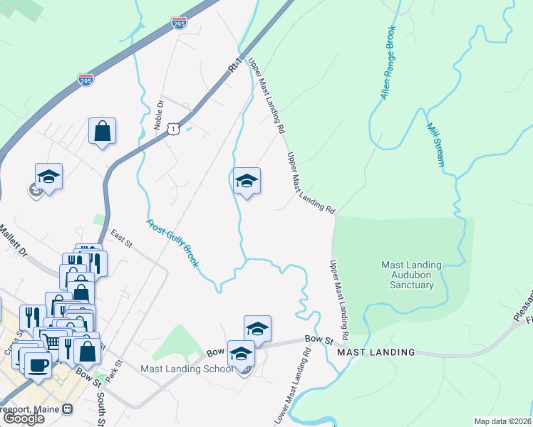 map of restaurants, bars, coffee shops, grocery stores, and more near 40 Upper Mast Landing Road in Freeport