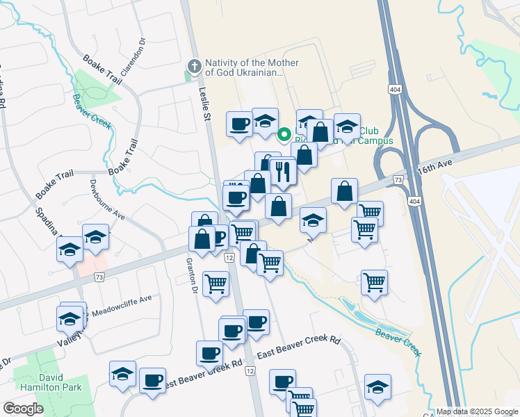 map of restaurants, bars, coffee shops, grocery stores, and more near 1550 16th Avenue in Richmond Hill