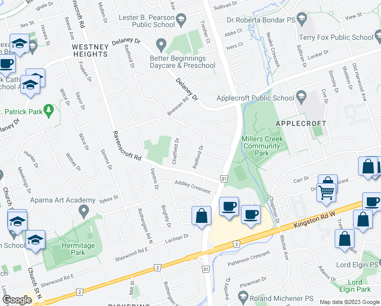map of restaurants, bars, coffee shops, grocery stores, and more near 25 Stockbridge Crescent in Ajax