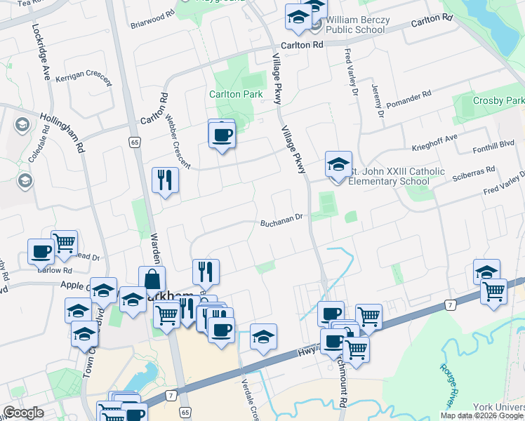 map of restaurants, bars, coffee shops, grocery stores, and more near 27 Buchanan Drive in Markham