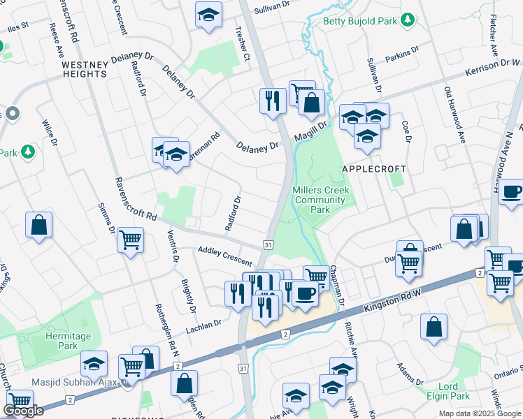 map of restaurants, bars, coffee shops, grocery stores, and more near in Ajax