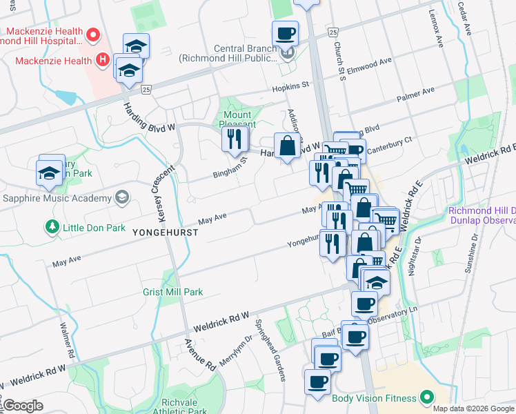 map of restaurants, bars, coffee shops, grocery stores, and more near 56 May Avenue in Richmond Hill