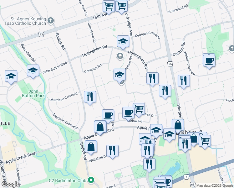 map of restaurants, bars, coffee shops, grocery stores, and more near 30 Ingleborough Court in Markham