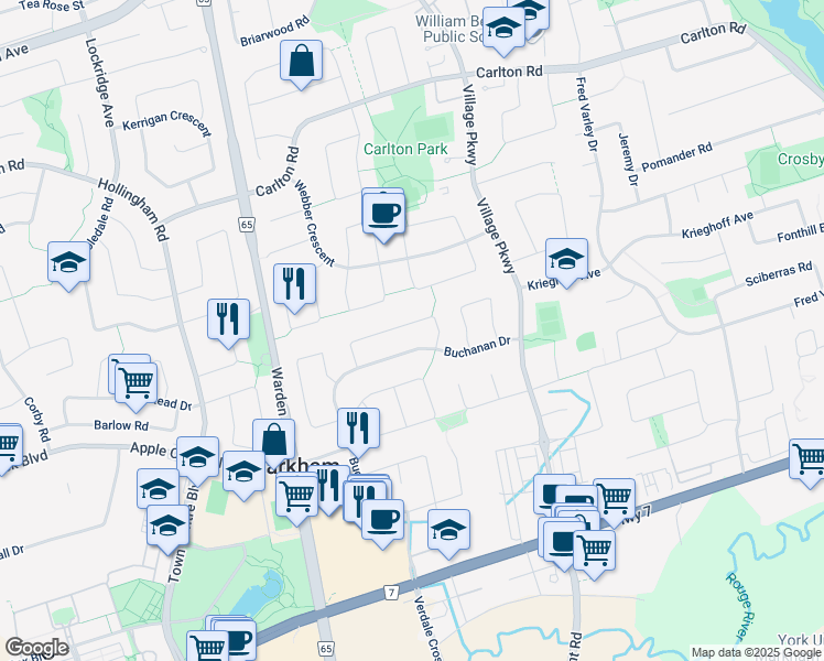 map of restaurants, bars, coffee shops, grocery stores, and more near 35 Fenwick Crescent in Markham