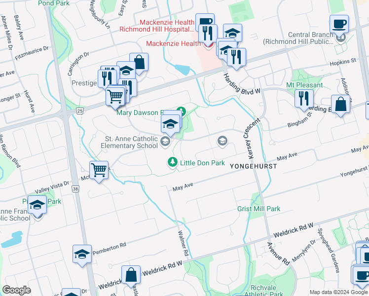 map of restaurants, bars, coffee shops, grocery stores, and more near 109 Lund Street in Richmond Hill