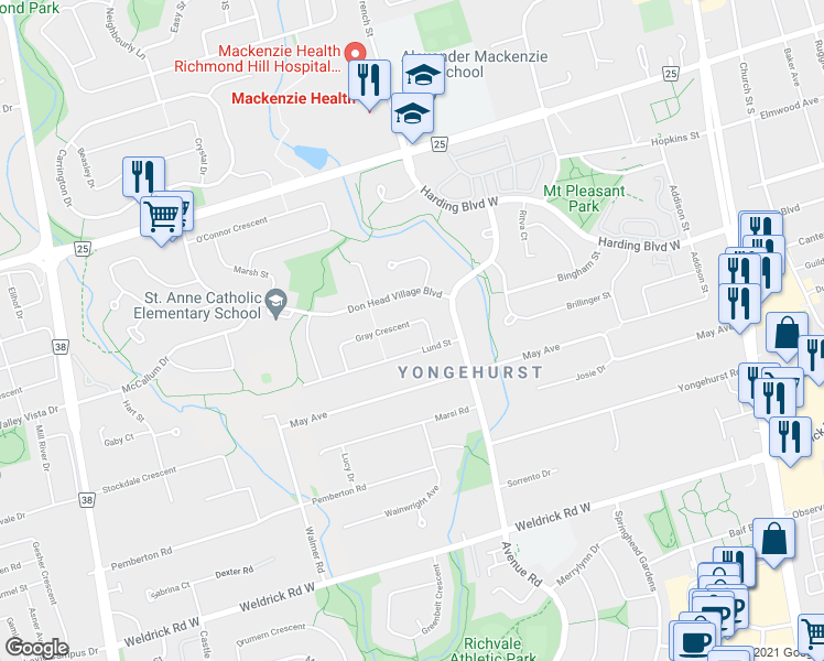 map of restaurants, bars, coffee shops, grocery stores, and more near 27 Gray Crescent in Richmond Hill