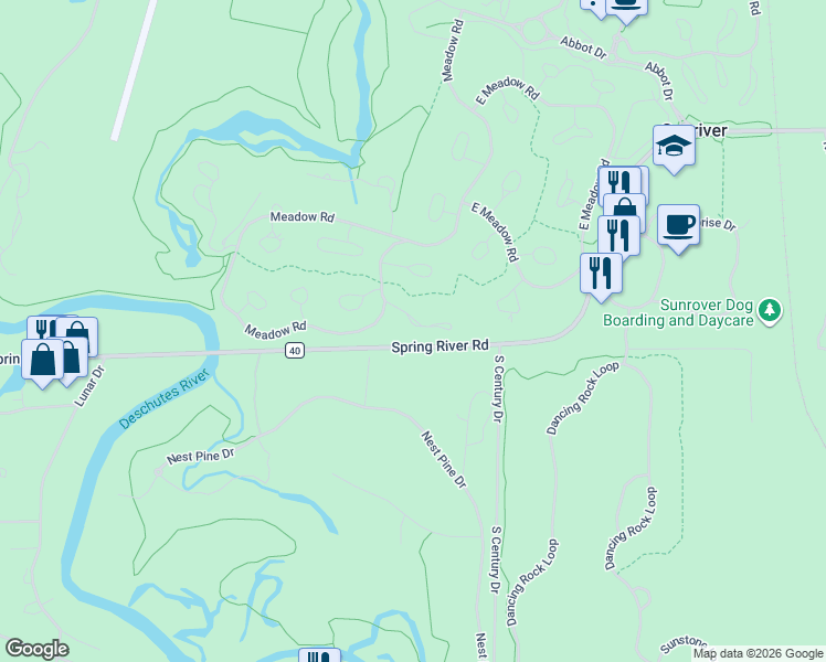 map of restaurants, bars, coffee shops, grocery stores, and more near 17622 Cluster Cabin Lane in Sunriver