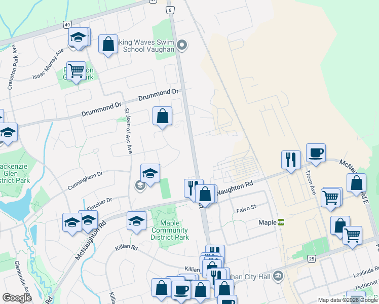 map of restaurants, bars, coffee shops, grocery stores, and more near 10392 Keele Street in Vaughan