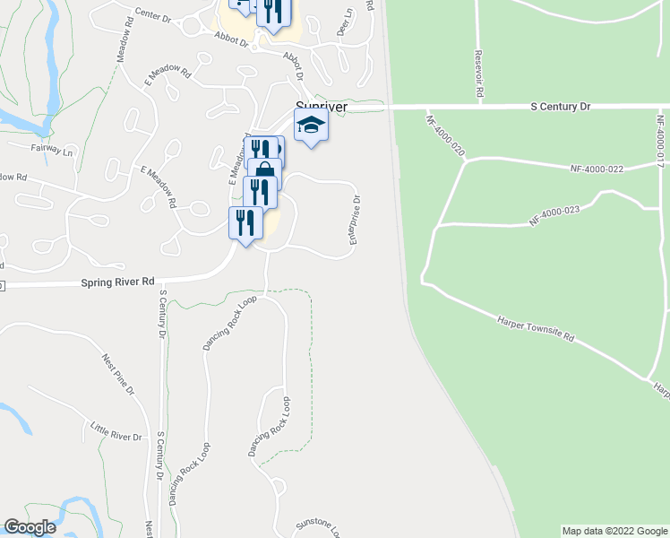 map of restaurants, bars, coffee shops, grocery stores, and more near 56854 Enterprise Drive in Sunriver