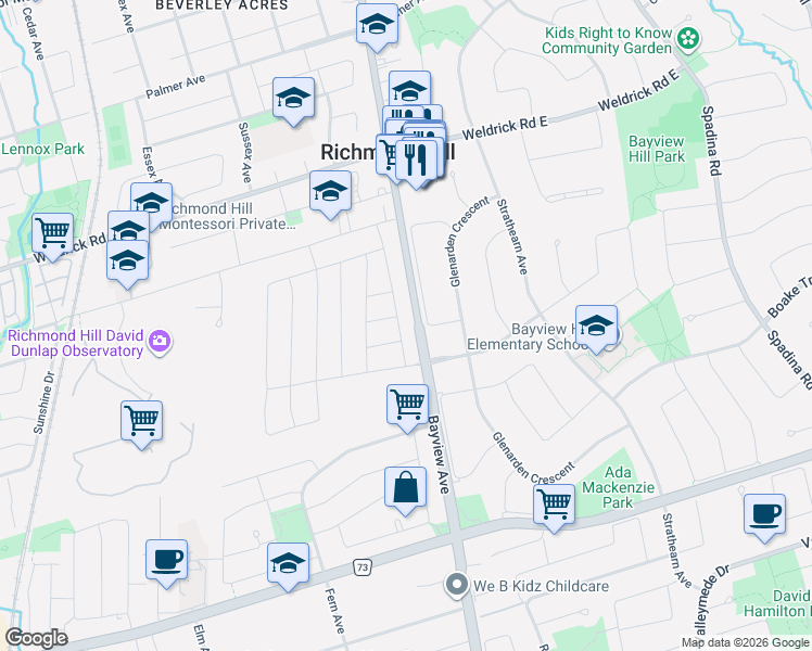 map of restaurants, bars, coffee shops, grocery stores, and more near 9400 Bayview Avenue in Richmond Hill