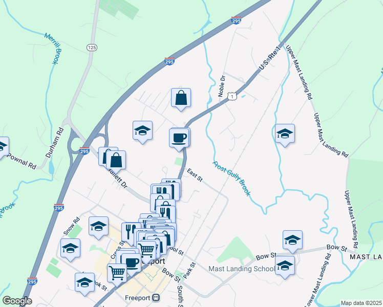 map of restaurants, bars, coffee shops, grocery stores, and more near 208 Main Street in Freeport