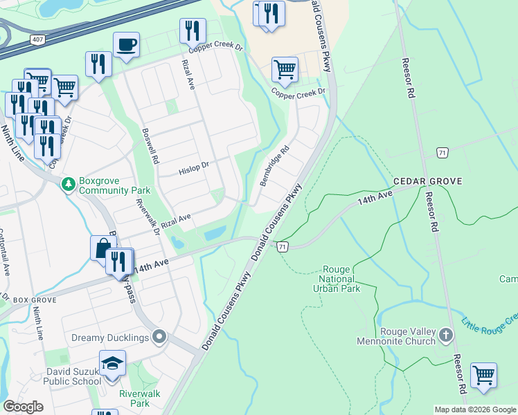 map of restaurants, bars, coffee shops, grocery stores, and more near 38 Bernbridge Road in Markham