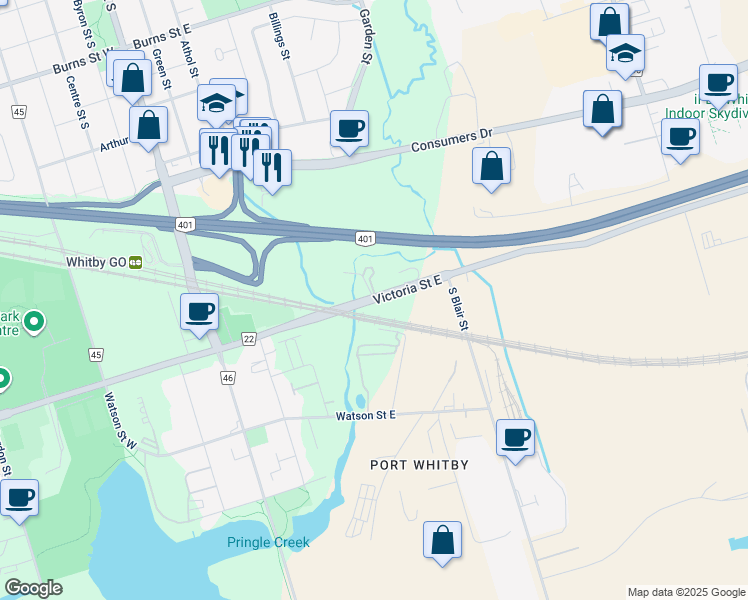 map of restaurants, bars, coffee shops, grocery stores, and more near 231 Victoria Street East in Whitby